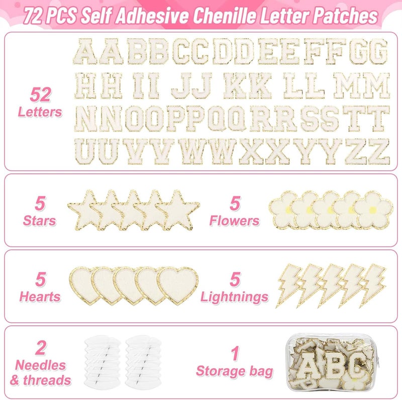 Thrilez White Chenille Letters Iron on Patches, 72 Pcs Self Adhesive Applique Alphabets 2.2 Inch Sew on Letters Patches Varsity Initial Fabric Stickers Fuzzy Towel Embroidered Patches for Clothing Caps - Image 3